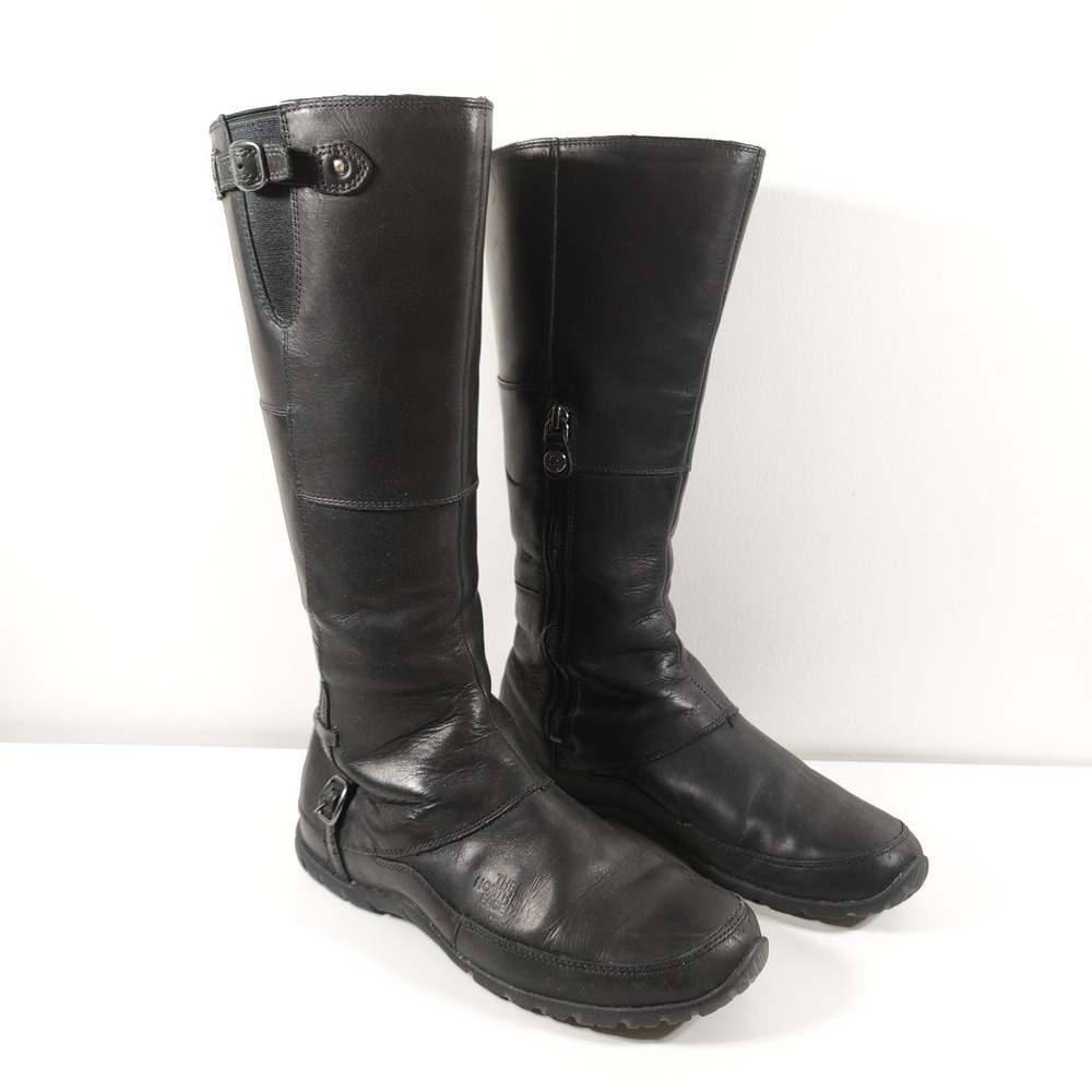The North Face Black Leather Knee High Boots Womens 8 Buckle Zip Moto Waterproof